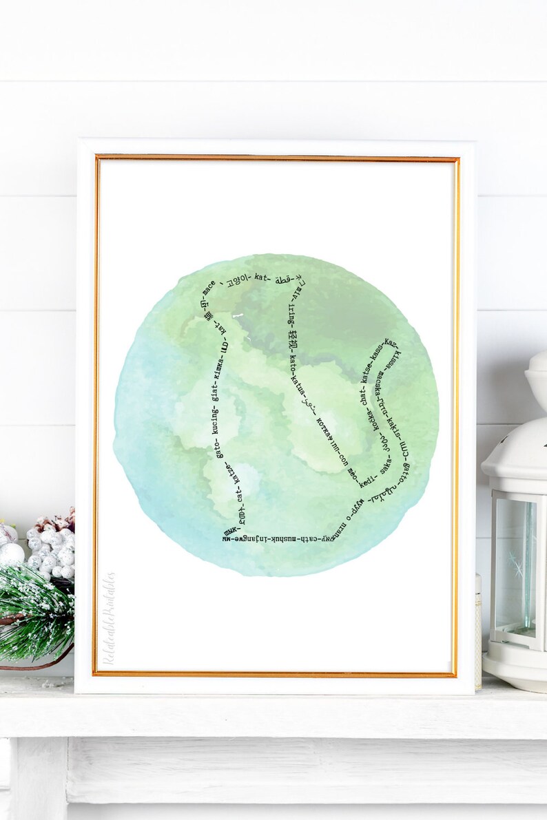 Cat in Many Languages with Watercolor Designs Multilingual Cat Printable Wall Art