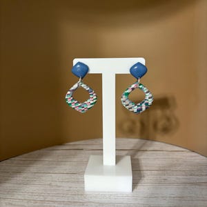 Colorful Polymer Clay Dangle Earrings | Handmade Geometric Drop Earrings | Lightweight Statement Earrings | Blue & Multicolor | Gift for Her