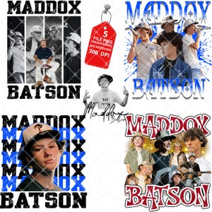 May include: A collection of digital designs featuring the name "MADDOX BATSON" in various styles. The designs include images of a young man, text overlays, and a red tag with file details. The color palette includes black, white, and blue.