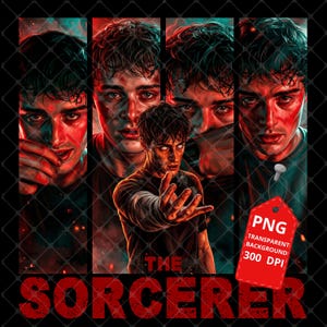 May include: A digital art print featuring a young man in a black shirt with a red and teal color scheme. The image is a collage of the man's face in different expressions, with the text "THE SORCERER" in red at the bottom. A red tag indicates a PNG file.