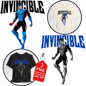 May include: A digital graphic set featuring the character Invincible in two versions: one in blue and black, and one in grayscale. The collection includes two t-shirt mockups, one white and one black, each displaying the character and the text INVINCIBLE.