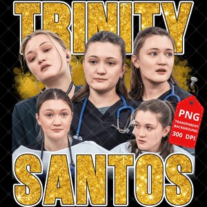 Könnte beinhalten: Grafikdesign mit fünf Frauen mit Stethoskopen, dem Wort "TRINITY" in Goldglitzer oben und "SANTOS" unten. Ein rotes Etikett zeigt eine PNG-Datei mit transparentem Hintergrund und 300 DPI an.