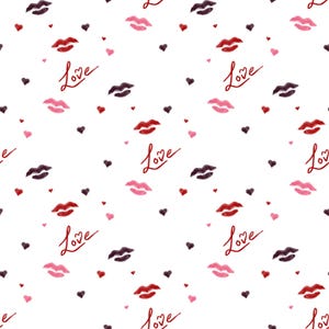 May include: A white background featuring a repeating pattern of red, pink, and dark purple lips, hearts, and the word "Love" in red script. Ideal for Valentine's Day or romantic designs.