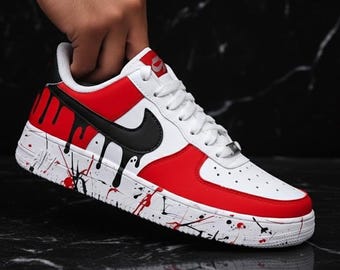 Ręcznie malowane, spersonalizowane buty sportowe Air Force 1 | Czerwony wzór kropli l Prezent na Walentynki