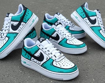 Zapatillas Air Force 1 personalizadas y pintadas a mano / Zapatos de dibujos animados azul claro l Regalo de San Valentín