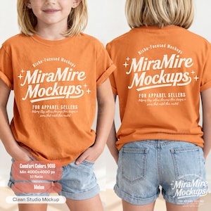 May include: A melon-colored t-shirt featuring white text that reads Niche-Focused Mockups MiraMire Mockups FOR APPAREL SELLERS Helping Etsy sellers showcase their designs in scenes that match their market, accented with small four-pointed stars.