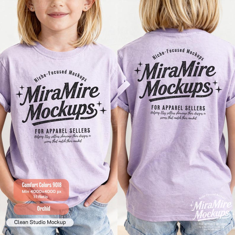 May include: A light purple short-sleeve t-shirt featuring black text that reads Niche-Focused Mockups MiraMire Mockups FOR APPAREL SELLERS Helping Etsy sellers showcase their designs in scenes that match their market, accented with small star icons.