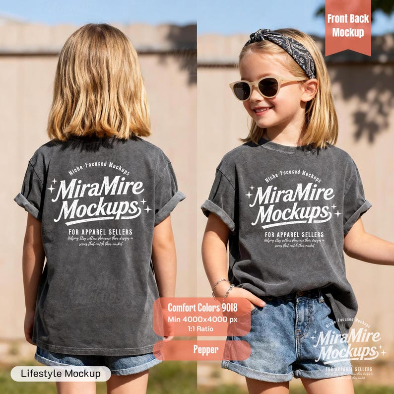 May include: A front and back view of a child wearing a dark gray t-shirt and denim shorts. The t-shirt features the text "MiraMire Mockups" in white. The image includes the text "Comfort Colors 9018" and "Pepper".
