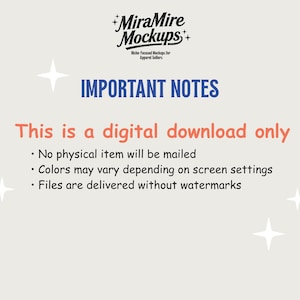 May include: A digital download graphic with the text "IMPORTANT NOTES" in blue. Below, the text "This is a digital download only" is in coral. Additional text explains the product details, including no physical item and color variations.
