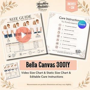Può includere: Un modello digitale di guida alle taglie e istruzioni per la cura delle t-shirt giovanili Bella Canvas 3001Y. La tabella mostra le misure in pollici e centimetri, un'icona play, taglie dalla S alla XL e sette passaggi per la cura.