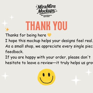 May include: A light beige graphic with the text "THANK YOU" in coral. The text is surrounded by a smiley face, stars, and additional text expressing gratitude and encouraging reviews.