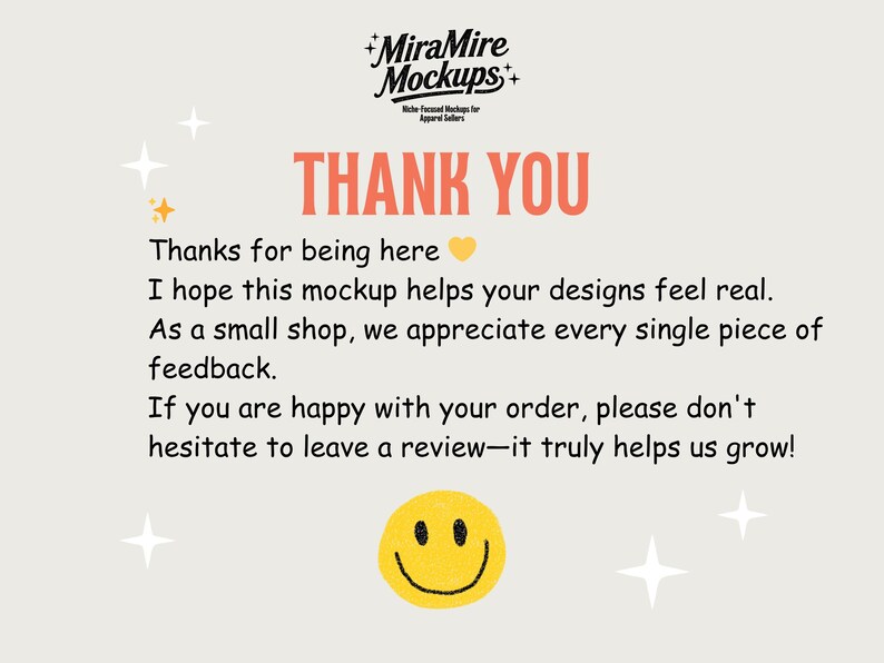May include: A light beige graphic with the text "THANK YOU" in coral. The text is surrounded by a smiley face, stars, and additional text expressing gratitude and encouraging reviews.