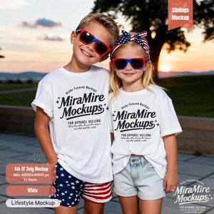 Patriotic Siblings Shirt Mockup, 4th of July Country Club Sister Brother Mockup, Bella Canvas 3001Y 3001T, USA Youth summer shirt mockup
