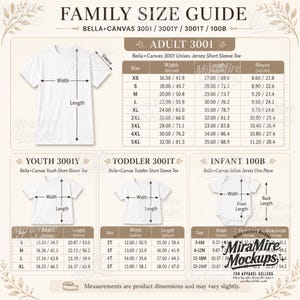 May include: A family size guide chart for Bella+Canvas apparel, featuring diagrams of a t-shirt and a baby bodysuit with width and length arrows. It includes detailed sizing tables for adult, youth, toddler, and infant categories with measurements in inches and centimetres.