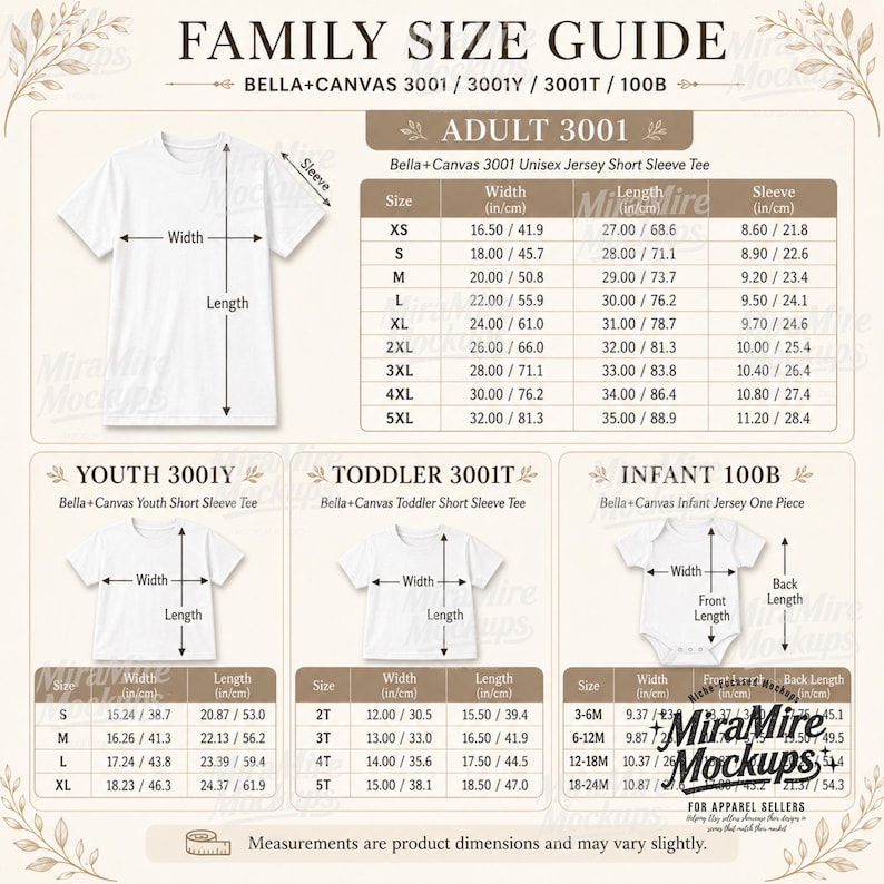 Puede incluir: Una tabla de gu&iacute;a de tallas familiar para ropa Bella+Canvas, con diagramas de una camiseta y un body de beb&eacute; con flechas de ancho y largo. Incluye tablas de tallas detalladas para adultos, j&oacute;venes, ni&ntilde;os peque&ntilde;os y beb&eacute;s con medidas en pulgadas y cent&iacute;metros.