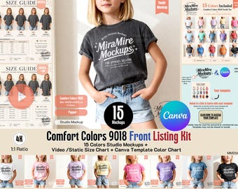 Listing Kit Comfort Colors 9018 Youth T-Shirt Mockup Bundle, Video Size Chart, Color Chart Included, Clean Lifestyle Youth Shirt Mockup