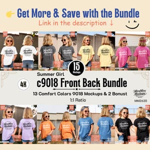 May include: A product image featuring a bundle of children's t-shirt mockups in various colors. The image includes the text "Get More & Save with the Bundle" and "Summer Girl c9018 Front Back Bundle". The mockups showcase front and back views of the shirts.
