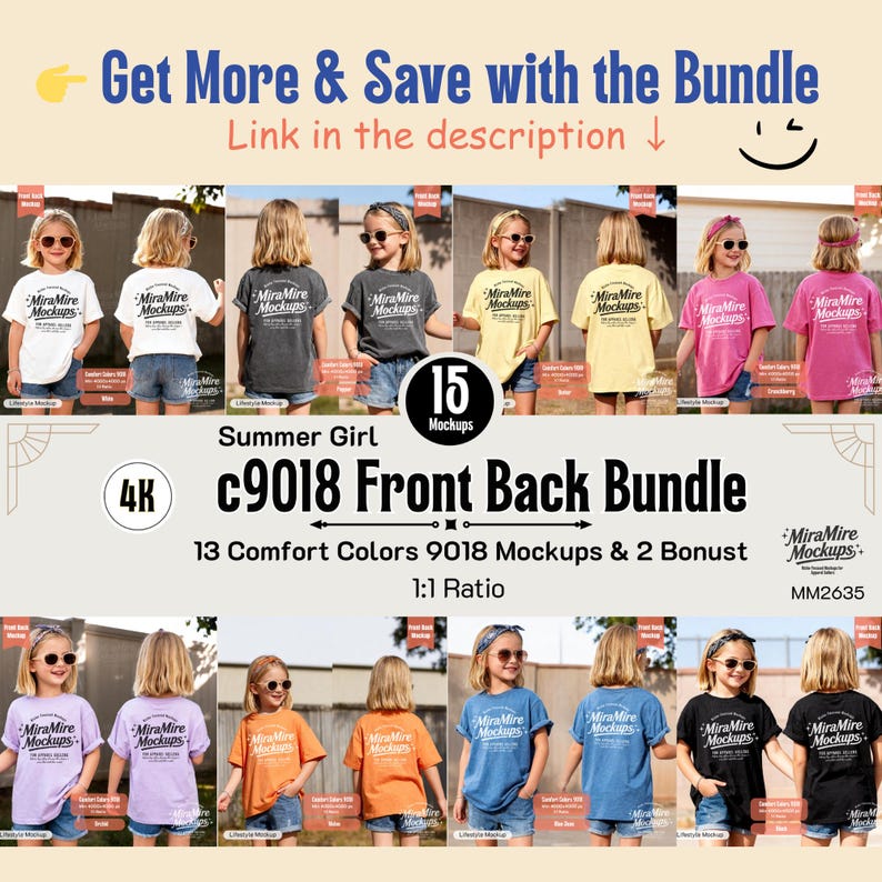 May include: A product image featuring a bundle of children's t-shirt mockups in various colors. The image includes the text "Get More & Save with the Bundle" and "Summer Girl c9018 Front Back Bundle". The mockups showcase front and back views of the shirts.