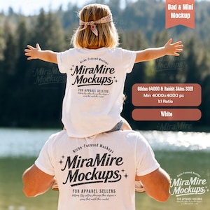 Puede incluir: Un padre y un niño visten camisetas blancas con el texto "MiraMire Mockups". El niño está sentado sobre los hombros del padre, ambos de espaldas a la cámara. Las camisetas también incluyen el texto "FOR APPAREL SELLERS".