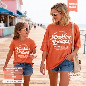 Beach Lifestyle Mommy and Me Mockup, Melon C1717 C9018 Mockup,  Summer Shirt Mama Daughter Mockup, Family Life Style Matching Mockup