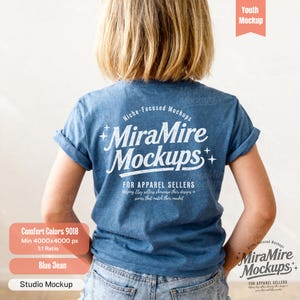 May include: A blue short-sleeved t-shirt featuring white text that reads MiraMire Mockups, Niche-Focused Mockups, and For Apparel Sellers. The shirt is worn by a person with blonde hair, showing the back view of the garment and its textured fabric.