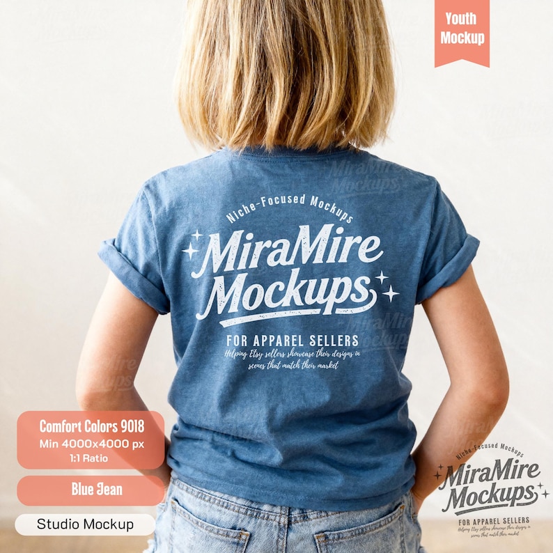 May include: A blue short-sleeved t-shirt featuring white text that reads MiraMire Mockups, Niche-Focused Mockups, and For Apparel Sellers. The shirt is worn by a person with blonde hair, showing the back view of the garment and its textured fabric.