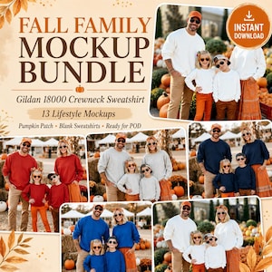 Op de afbeelding: Een digitale marketingafbeelding voor een herfstfamilie-mockupbundel met Gildan 18000 crewneck-sweatshirts. De afbeelding toont 13 lifestyle-foto's van gezinnen in pompoenvelden die blanco sweatshirts dragen in wit, rood en marineblauw.