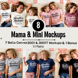 Puede incluir: Una maqueta de producto que muestra a una madre y a un niño con camisetas a juego de varios colores. Las camisetas muestran el texto "MiraMire Mockups". La imagen incluye el texto "Mama & Mini Mockups" y "7 Colores".