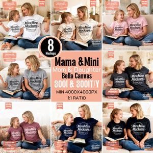 Puede incluir: Una colección de ocho maquetas que muestran a una madre y su hija con camisetas Bella Canvas a juego. Las camisetas vienen en varios colores, con el logotipo "MiraMire Mockups". La imagen incluye el texto "Mama & Mini" y "3001 & 3001T/Y".