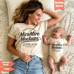 May include: A woman and a baby wearing matching beige t-shirts and onesies, both with the text "MiraMire Mockups" in black. The woman is wearing blue jeans. The image is a mockup for apparel sellers.