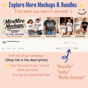 May include: A webpage mockup featuring the MiraMire Mockups logo and various product mockups. Text includes "Explore More Mockups & Bundles" and keywords like "Bundle" and "baby." The page also highlights Etsy, Shopify, and Amazon Ready options.