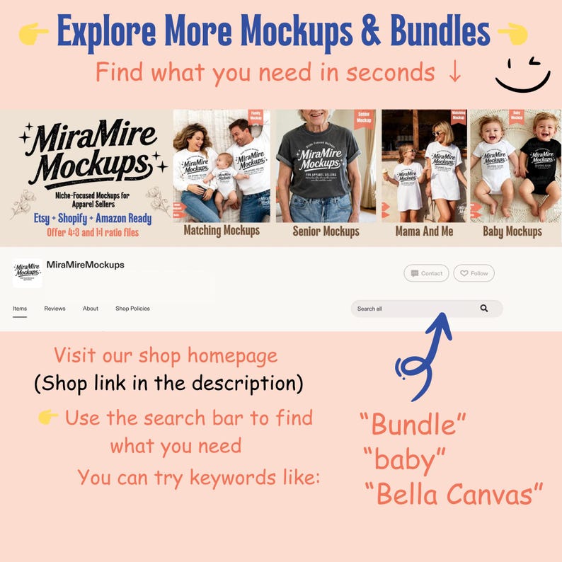 May include: A webpage mockup featuring the MiraMire Mockups logo and various product mockups. Text includes "Explore More Mockups & Bundles" and keywords like "Bundle" and "baby." The page also highlights Etsy, Shopify, and Amazon Ready options.
