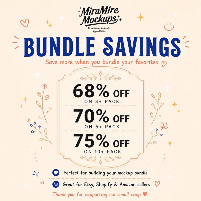 May include: A promotional graphic with a cream background featuring the text MiraMire Mockups, BUNDLE SAVINGS, and Save more when you bundle your favorites. It lists 68% OFF ON 3+ PACK, 70% OFF ON 5+ PACK, and 75% OFF ON 10+ PACK with floral accents.