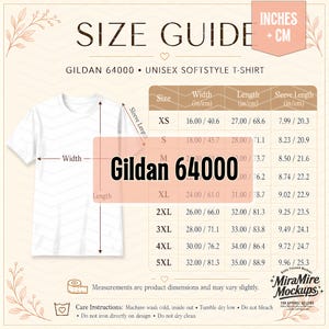 May include: A size guide chart for the Gildan 64000 unisex softstyle t-shirt, featuring a white t-shirt illustration with width, length, and sleeve length indicators, alongside a table listing measurements in inches and centimetres for sizes XS to 5XL.