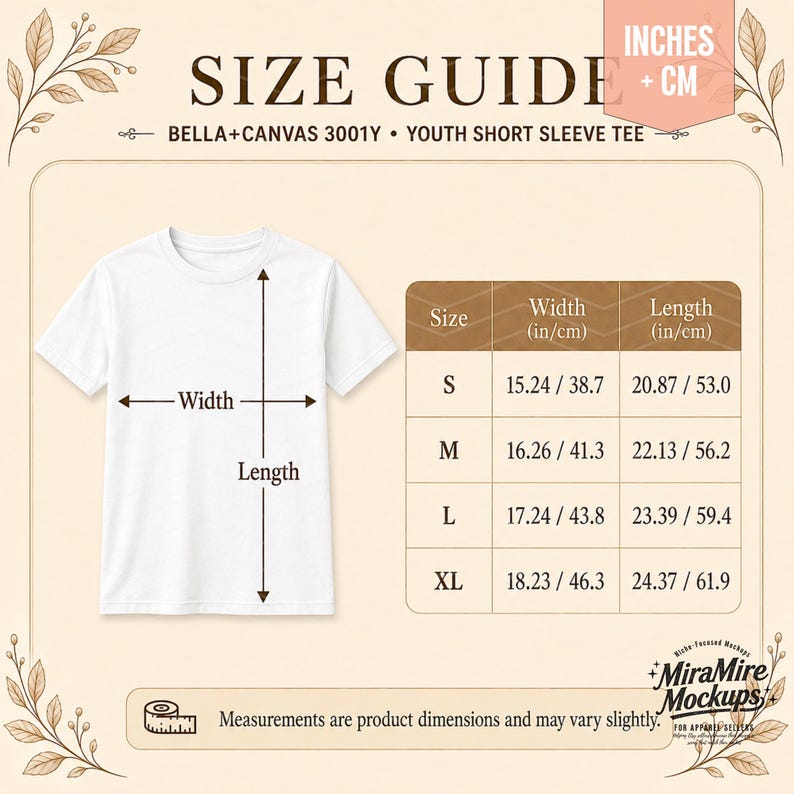 Puede incluir: Una gu&iacute;a de tallas para una camiseta de manga corta juvenil Bella+Canvas 3001Y. El gr&aacute;fico muestra una camiseta blanca con flechas de ancho y largo, junto a una tabla que enumera las tallas de la S a la XL con medidas en cent&iacute;metros.
