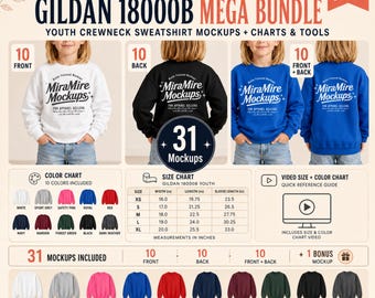 Studio Gildan 18000B Youth Sweatshirt Listing Kit, Front Back Youth Mockup Bundle,  Video Size Chart, Static Color and CM Inches Size Chart