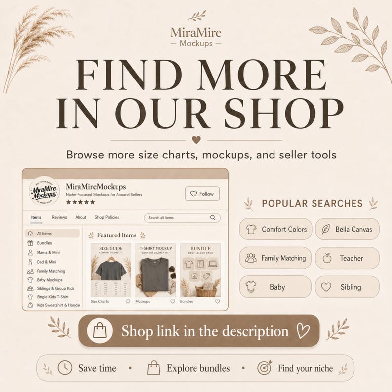 May include: A digital shop announcement graphic featuring the text FIND MORE IN OUR SHOP, a mock-up of an Etsy store interface titled MiraMireMockups, a list of popular searches including Comfort Colors and Bella Canvas, and a shop link button.