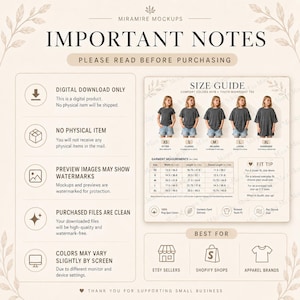 May include: A digital size guide for Comfort Colors 6018 youth t-shirts, featuring a chart with measurements in inches and centimeters, fit descriptions from XS to XL, and notes regarding digital download, watermarks, and color variations.