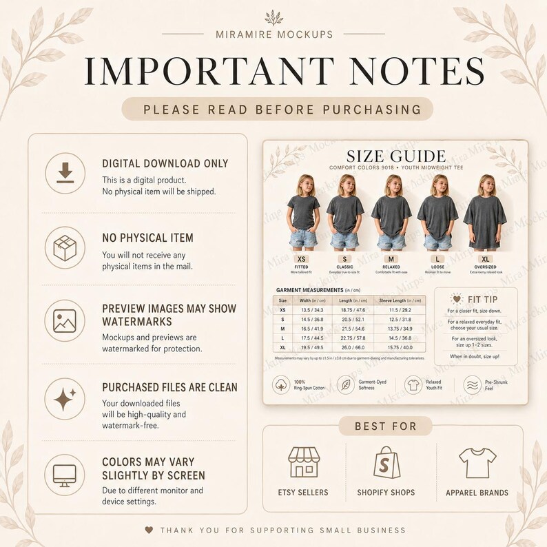 May include: A digital size guide for Comfort Colors 6018 youth t-shirts, featuring a chart with measurements in inches and centimeters, fit descriptions from XS to XL, and notes regarding digital download, watermarks, and color variations.