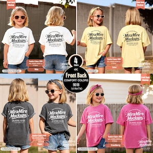 May include: Four t-shirt mockups in white, yellow, gray, and pink, each featuring the "MiraMire Mockups" logo. The shirts are displayed on young models, showcasing front and back views. The image includes text indicating comfort colors and a 1:1 ratio.