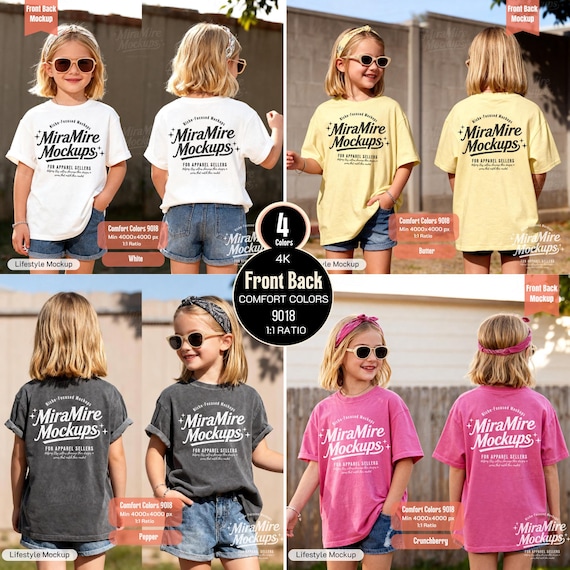 Summer Kids Shirt Mockups Bundle, Girl Front Back Mockup, Comfort Colors 9018 Bundle, Youth Shirt Mockup Bundle, Kids Lifestyle Mockup
