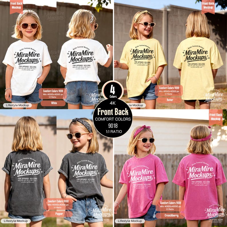 May include: Four t-shirt mockups in white, yellow, gray, and pink, each featuring the "MiraMire Mockups" logo. The shirts are displayed on young models, showcasing front and back views. The image includes text indicating comfort colors and a 1:1 ratio.