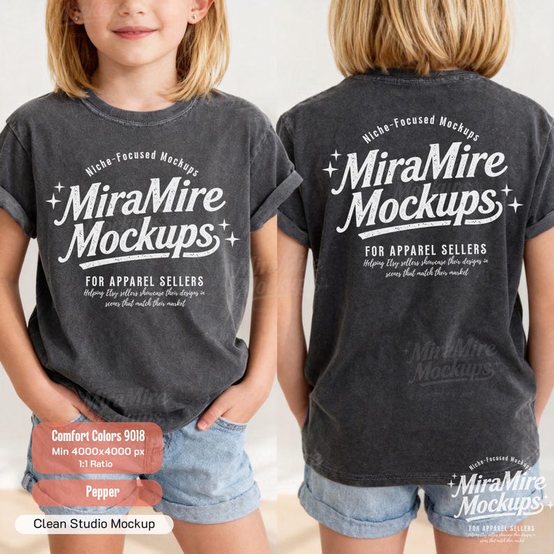 May include: A charcoal gray short-sleeve t-shirt featuring white text that reads Niche-Focused Mockups MiraMire Mockups For Apparel Sellers. The design includes small star accents. The shirt is shown from both the front and back views.