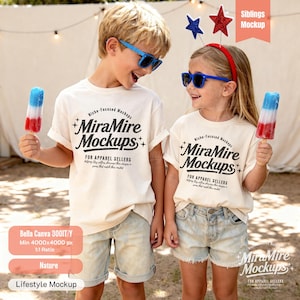 4th Of July Siblings Shirt Mockup, USA summer shirt mockup,Patriotic family matching,Natural Bella Canvas 3001T 3001Y Mockup, Brother Sister