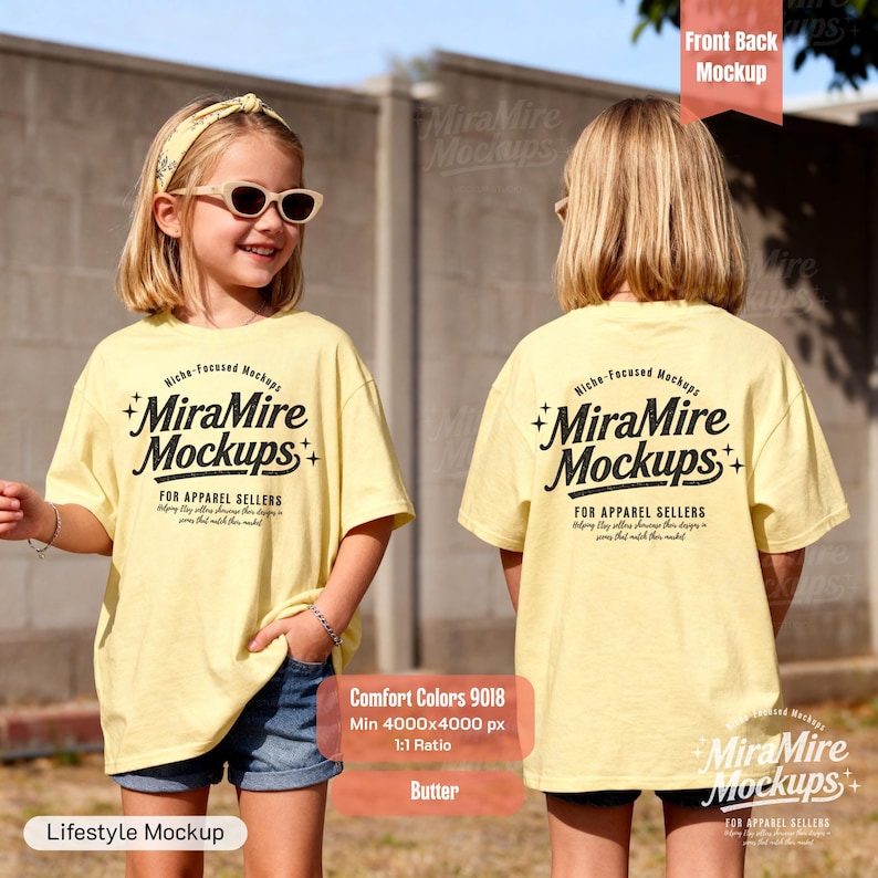 May include: A front and back view of a child wearing a butter-colored t-shirt with the text "MiraMire Mockups" in black. The shirt is part of a lifestyle mockup, with the Comfort Colors 9018 style and a 1:1 ratio.