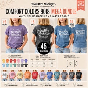 May include: A digital product bundle featuring Comfort Colors 9018 youth t-shirt mockups. The image displays three children wearing purple, charcoal, and blue shirts with MiraMire Mockups branding, a color chart, a size chart, and video icons.
