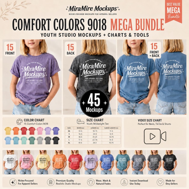 May include: A digital product bundle featuring Comfort Colors 9018 youth t-shirt mockups. The image displays three children wearing purple, charcoal, and blue shirts with MiraMire Mockups branding, a color chart, a size chart, and video icons.