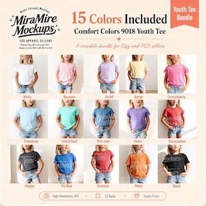 May include: A digital product display featuring 15 Comfort Colors 9018 youth t-shirts in various solid colors, including white, pink, yellow, blue, purple, red, orange, and black, paired with denim shorts, presented in a grid layout for apparel sellers.