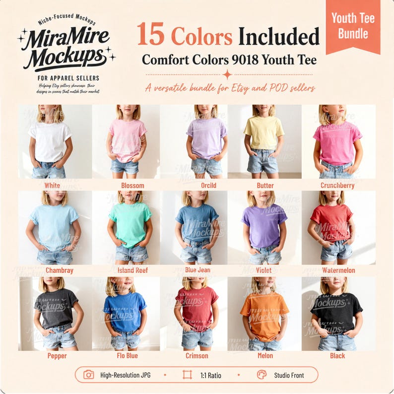 May include: A digital product display featuring 15 Comfort Colors 9018 youth t-shirts in various solid colors, including white, pink, yellow, blue, purple, red, orange, and black, paired with denim shorts, presented in a grid layout for apparel sellers.