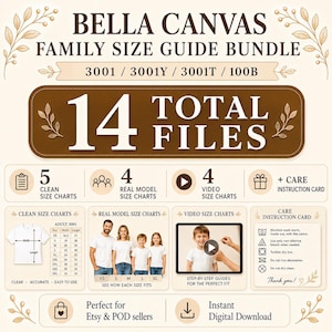 Bella Canvas 3001 Size Chart , BC 3001 3001Y 3001T 100B Adult Youth Toddler Baby Size Guide, Inches CM Size Chart, Family Shirt Size Chart